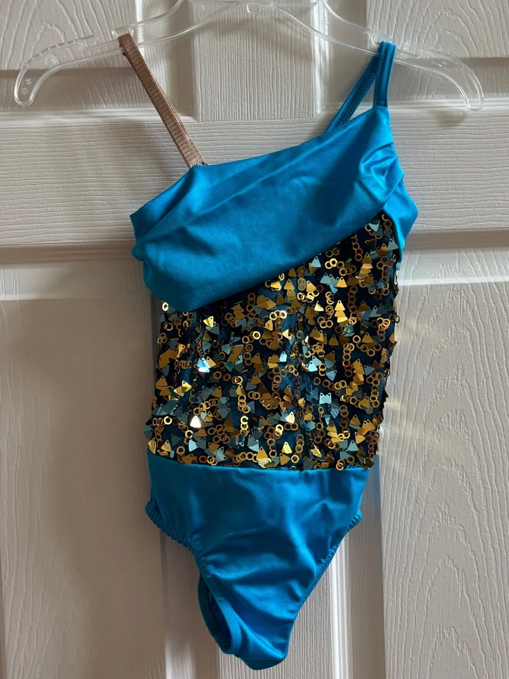 Turquoise Sequin One-Shoulder Dance Leotard - Kids